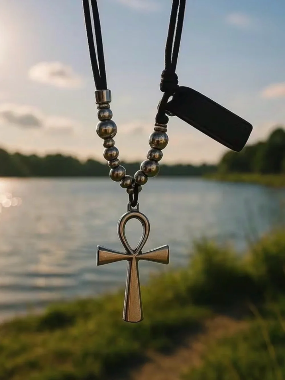 Black Leather Cord Necklace with Silver Ankh and Bead Accents